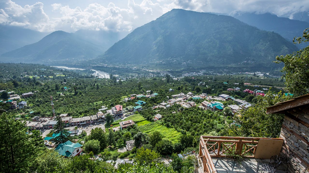 Naggar valley — green orchards and Beas river below