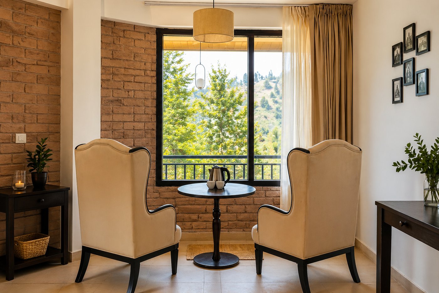 Wingback chairs by a brick-framed window at Curious Cat Cottage, designed by Paakhi Tyrewala