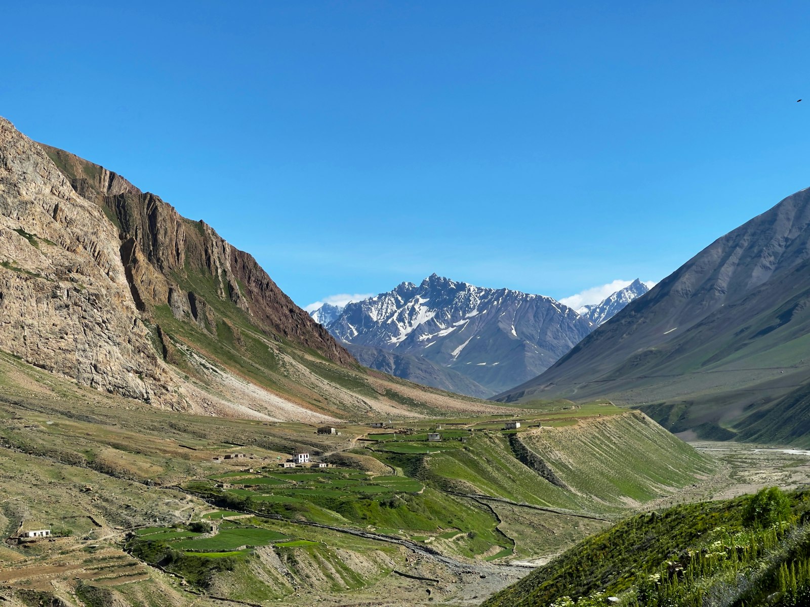 Himalayan valley with snow peaks and terraced village fields