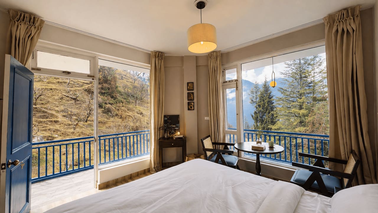 Cosy Room with a double bed, a balcony door open to the orchard hillside and a window with a mountain view