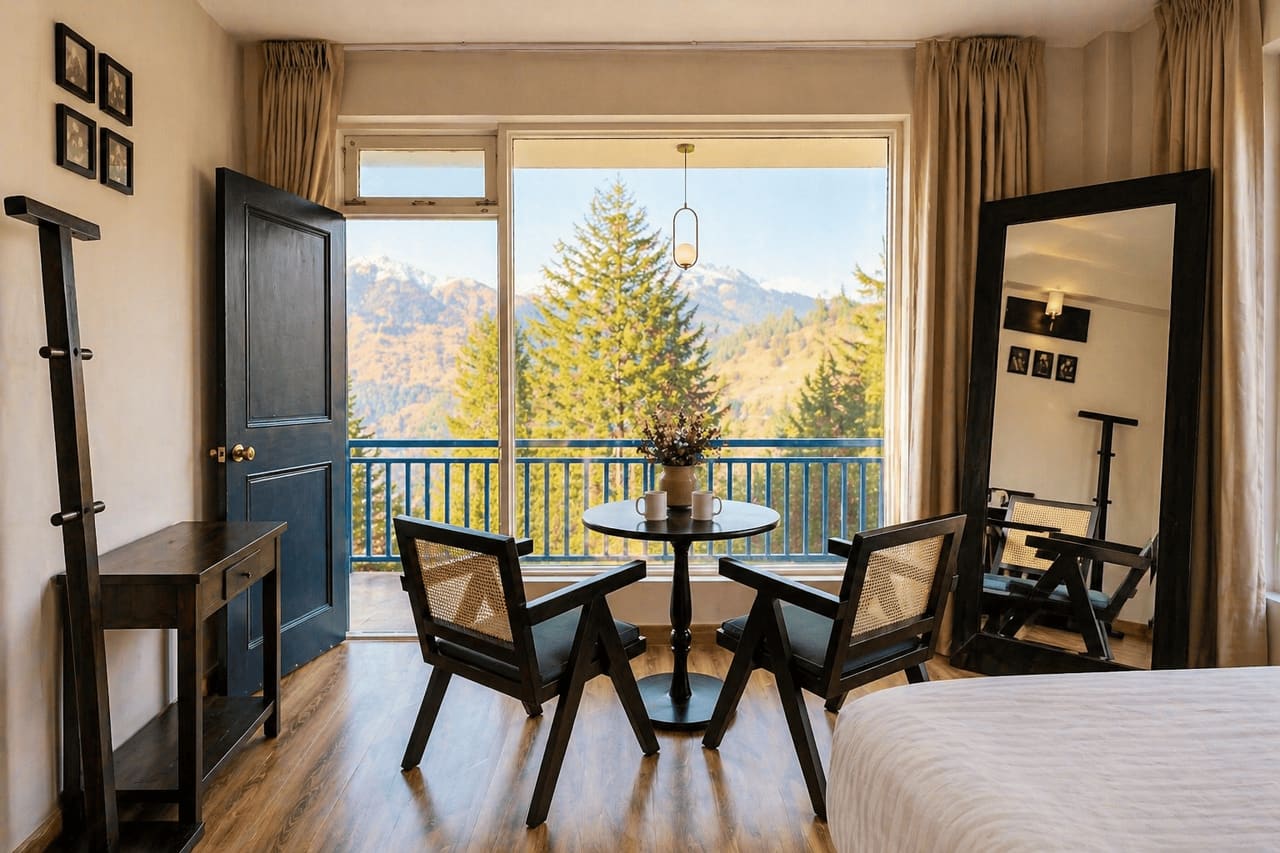 Cosy Room corner with two cane chairs and a round table in front of a window onto deodar trees and snow peaks