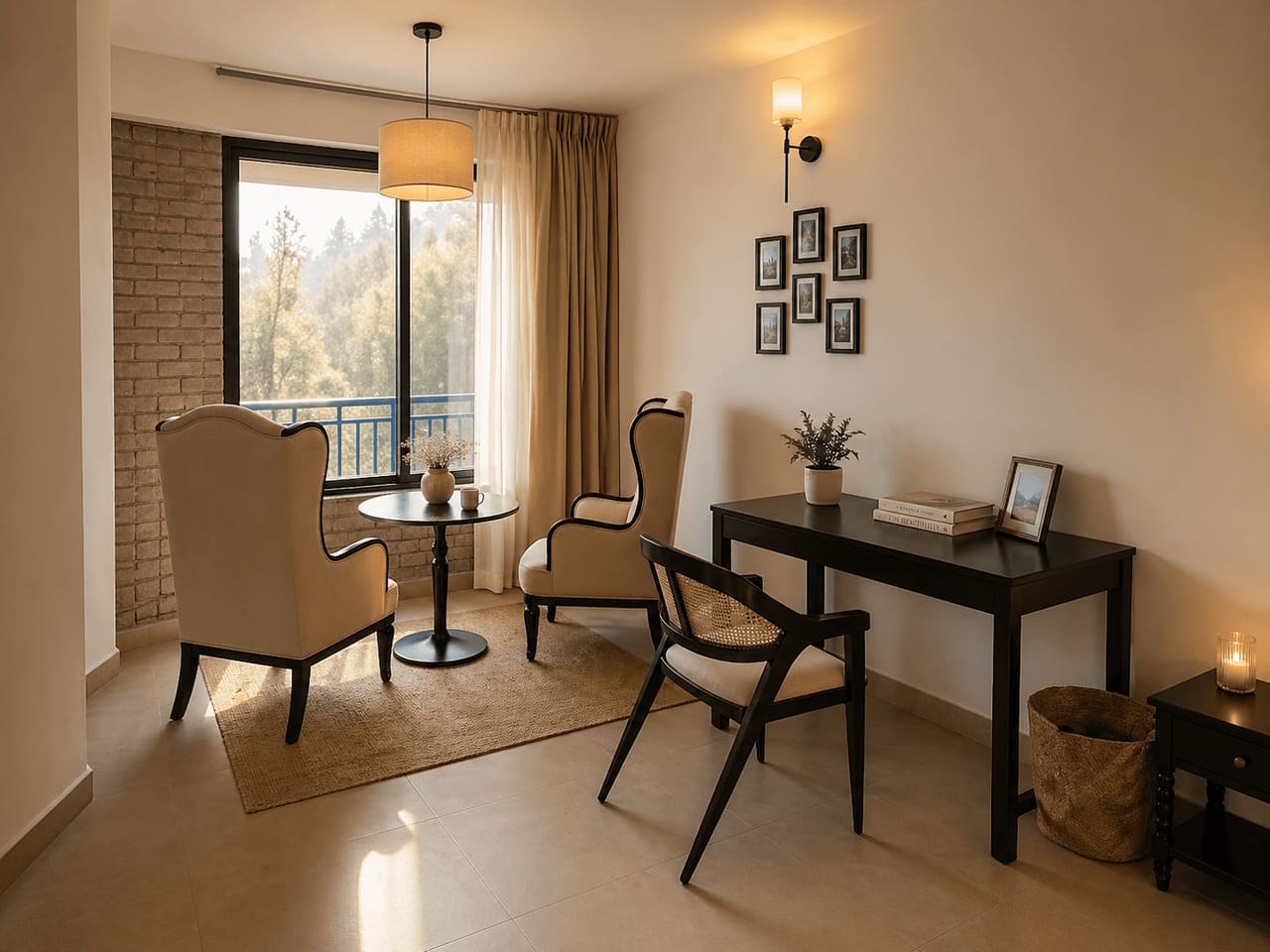Desk and two armchairs by a window in a Luxury Room