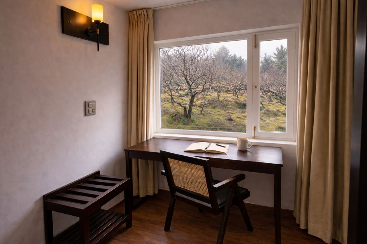 Writing desk with a cane chair and an open notebook in front of a window onto apple trees